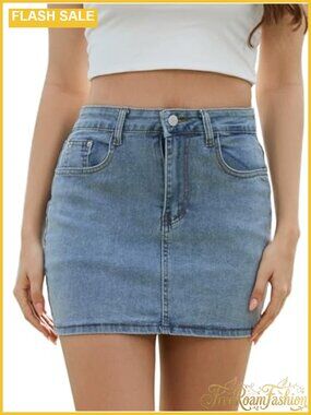 Low Rise Denim Mini Skirt Stretchy Bodycon Jean Skirt Pockets Y2K